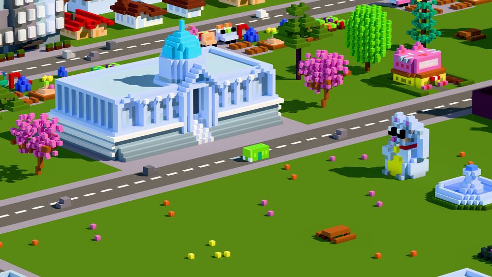 Microlandia key art: a closer view of the voxel city hall, its dome catching the sun above an empty lawn.