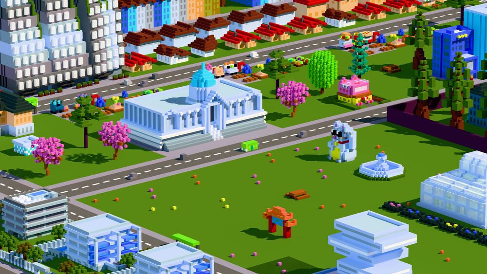 Microlandia key art: the civic center seen wide, framed by office towers, row houses, and a park.
