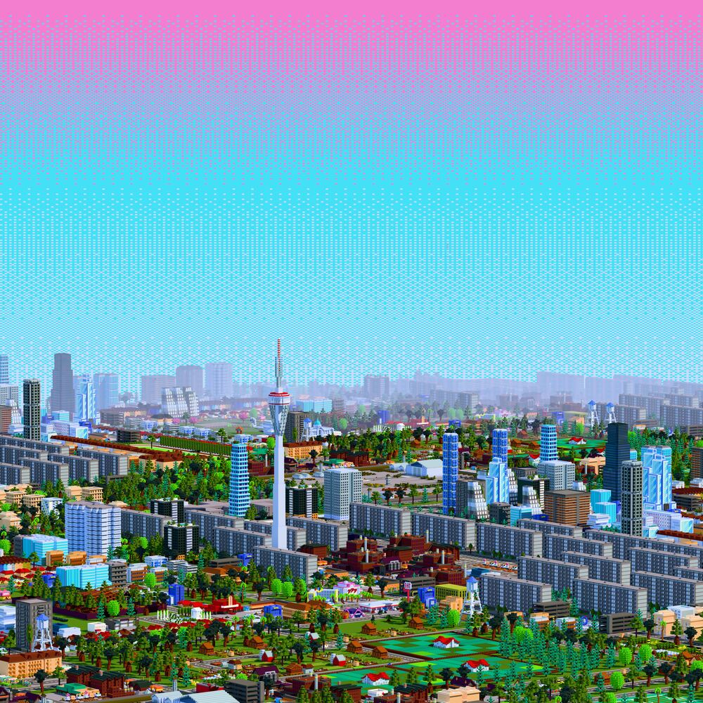 Microlandia key art: a voxel metropolis from above, a television tower over slab apartment blocks and glass towers, allotment gardens in the foreground and a hazy skyline behind.