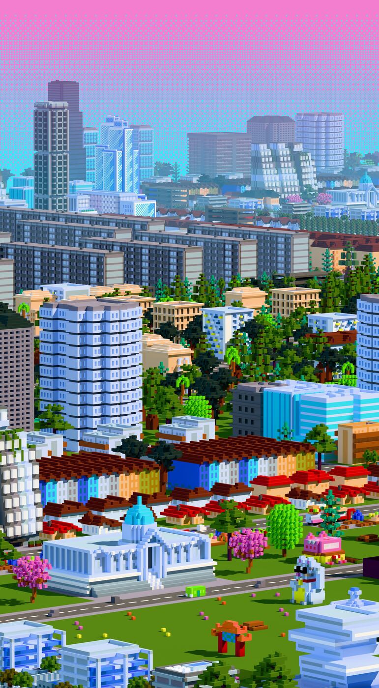 Microlandia key art, portrait crop: a voxel skyline stacked behind the city hall, under a pink dithered sky.
