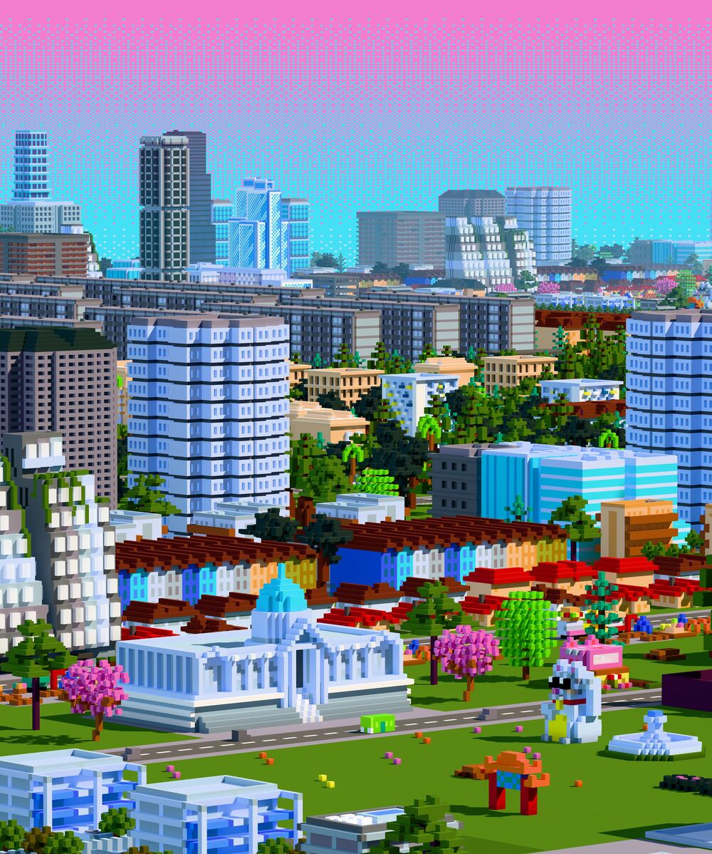 Microlandia key art, portrait crop: dense voxel blocks and towers rising toward a pink dithered horizon.