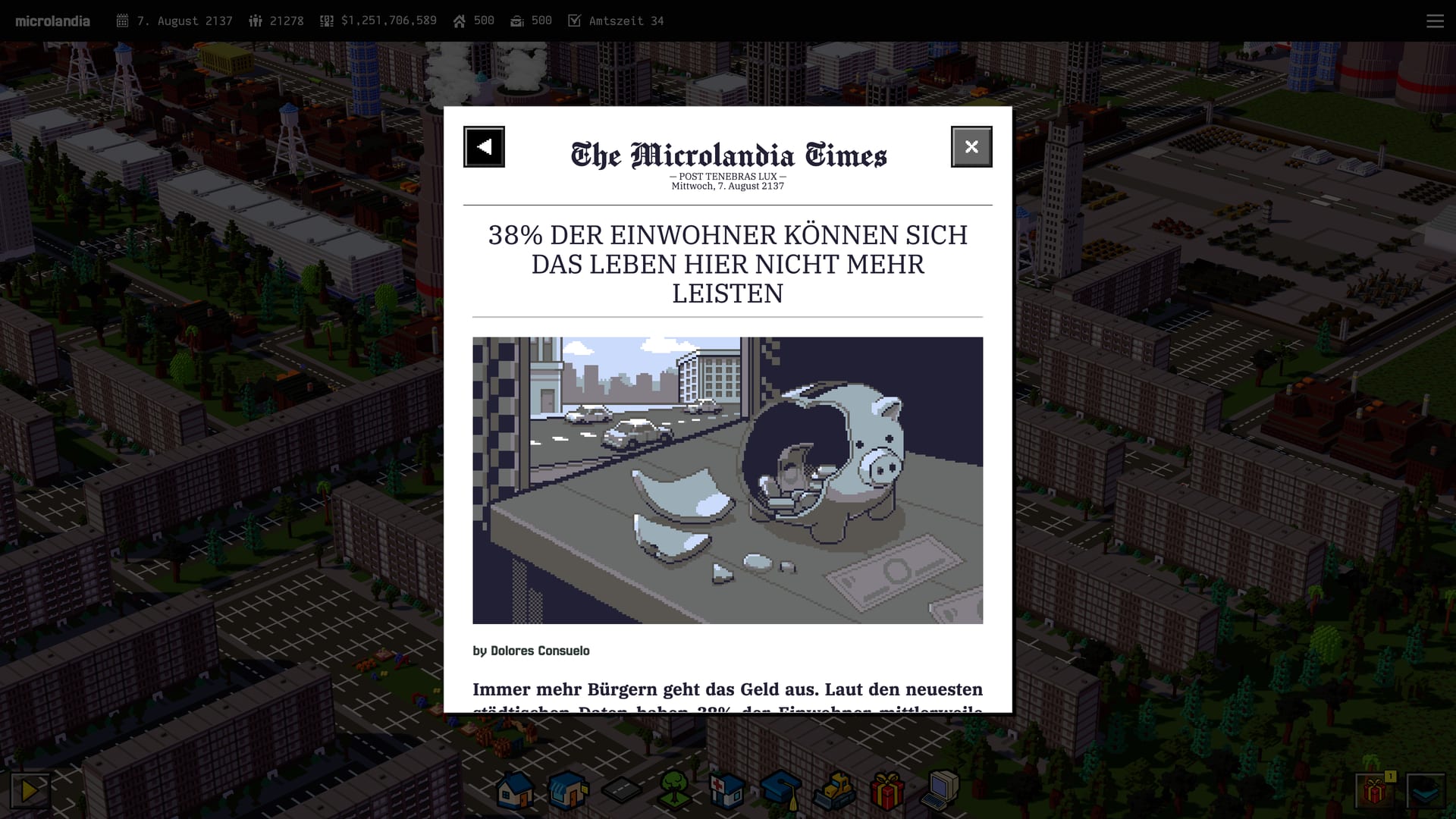 The Microlandia Times reporting the cost-of-living crisis over a dense downtown