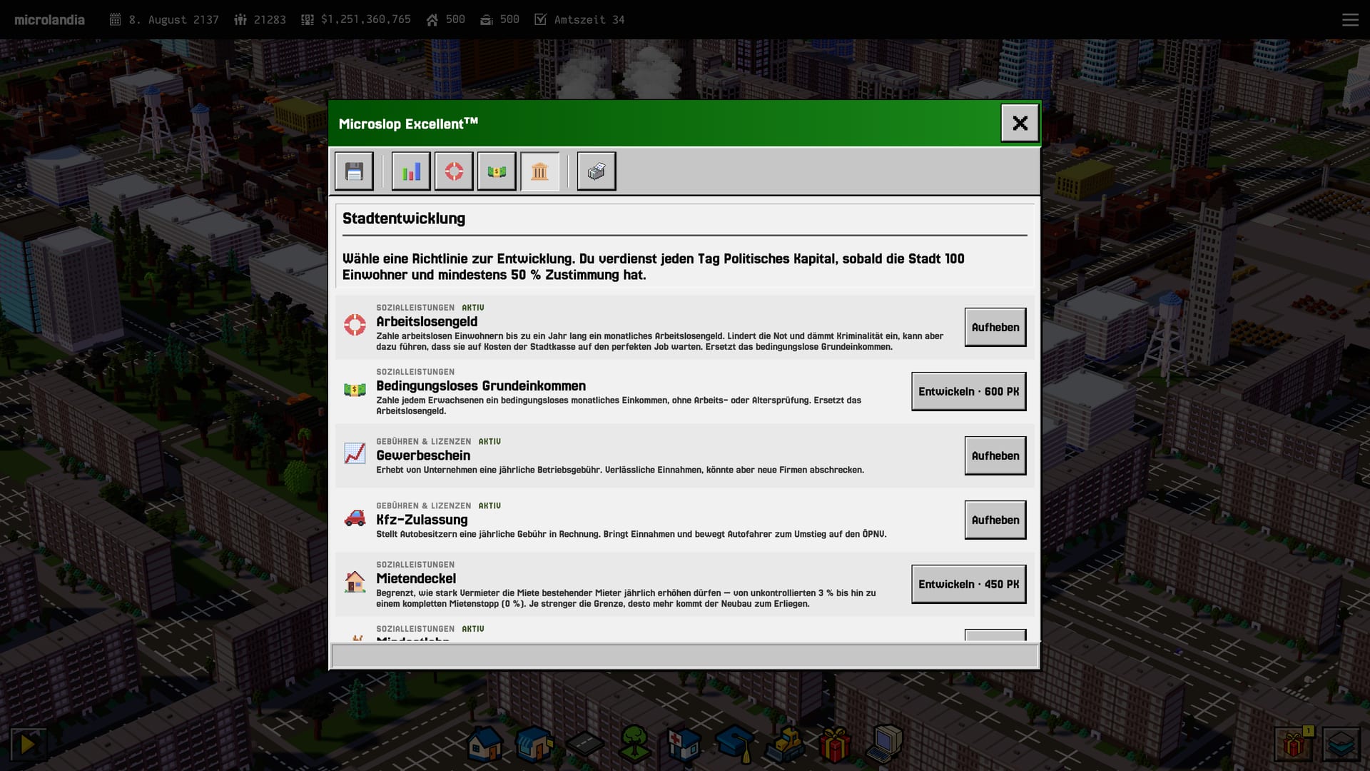 The civic development tab of the fiscal policies window