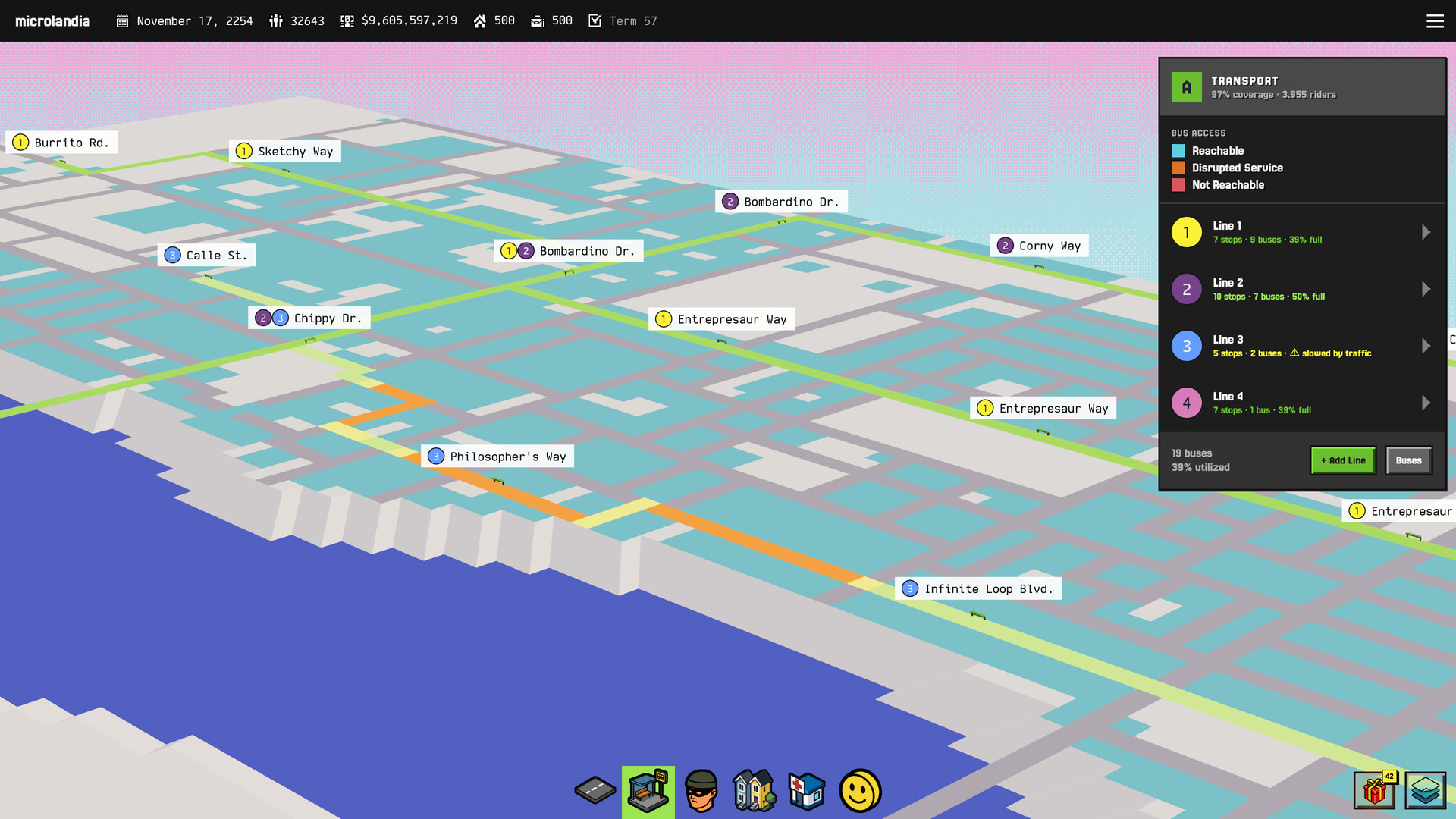 The transport map: a four line bus network graded A, with line 3 slowed by traffic