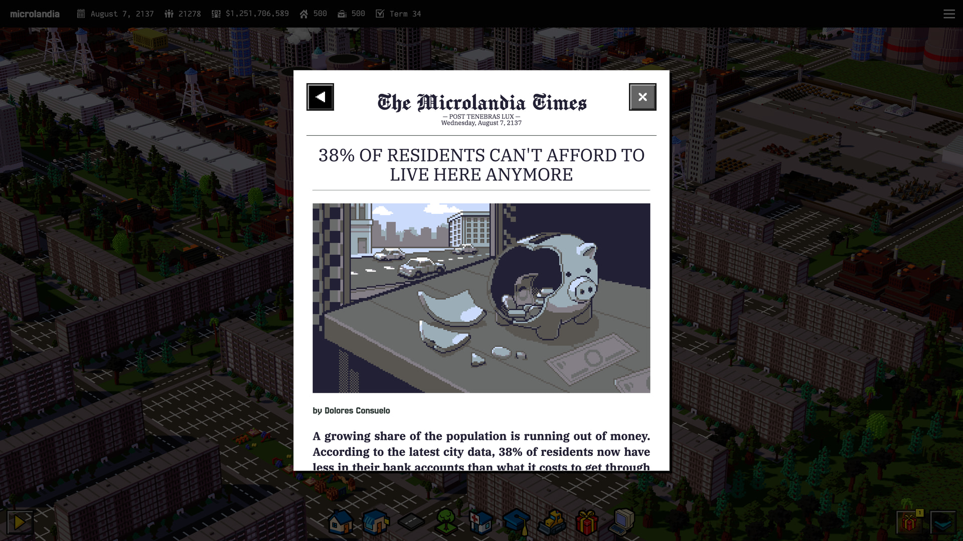 The Microlandia Times reporting the cost-of-living crisis over a dense downtown