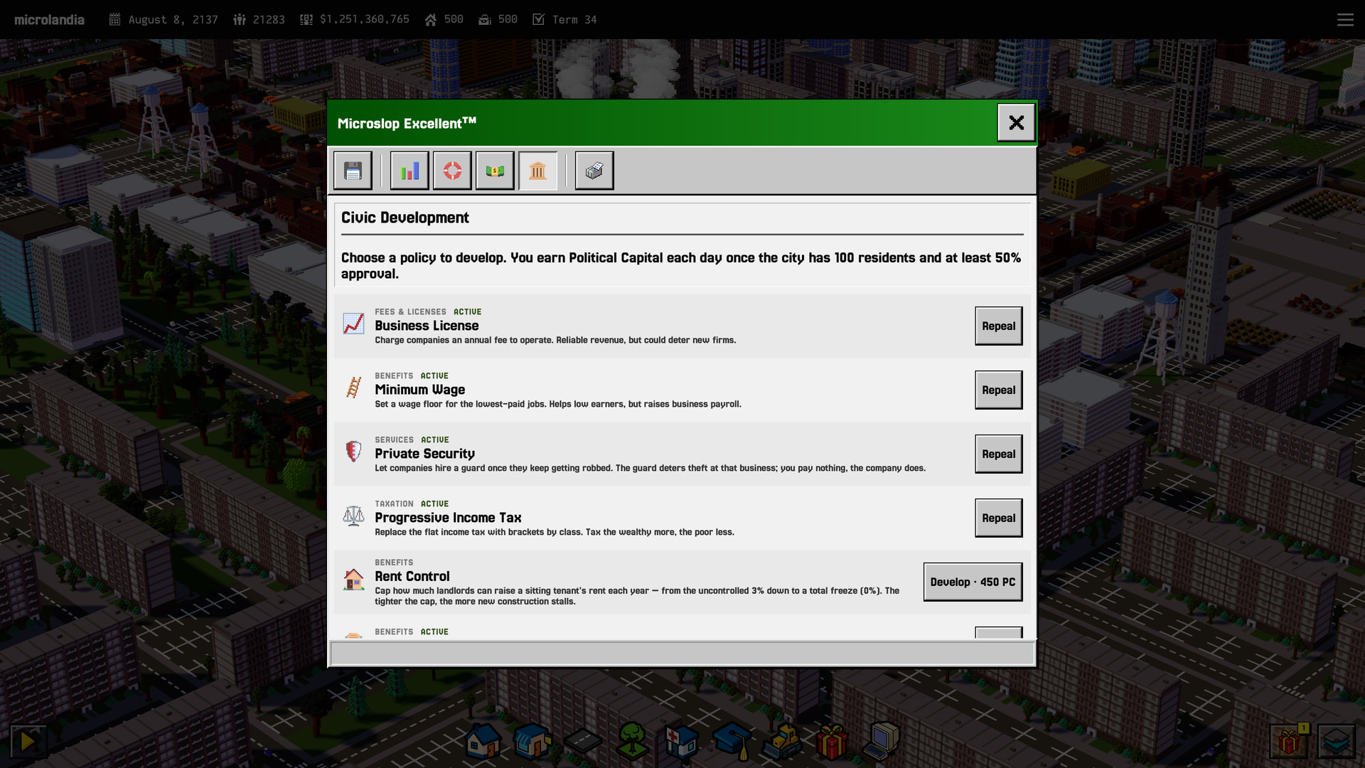 The civic development tab of the fiscal policies window