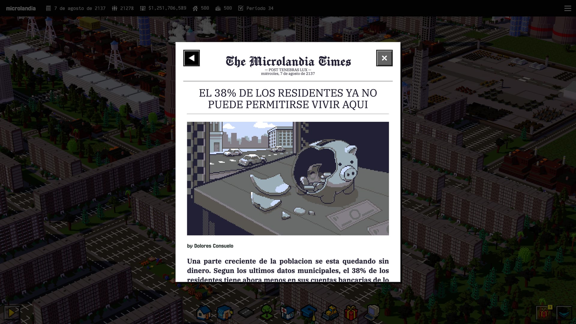 The Microlandia Times reporting the cost-of-living crisis over a dense downtown