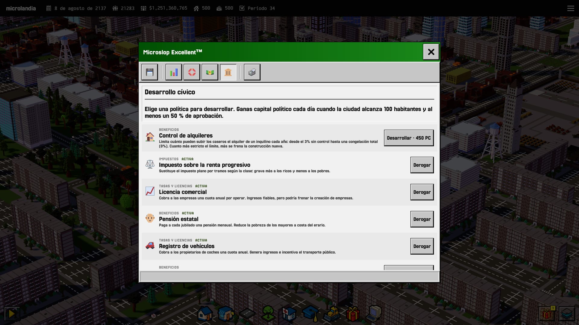 The civic development tab of the fiscal policies window