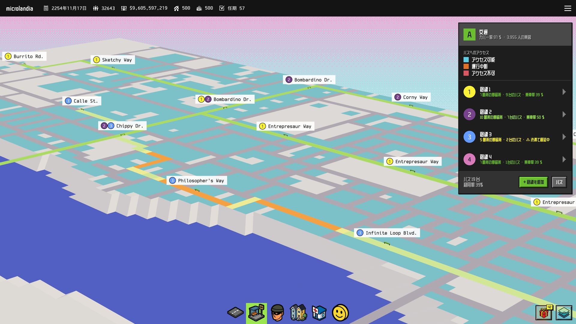 The transport map: a four line bus network graded A, with line 3 slowed by traffic