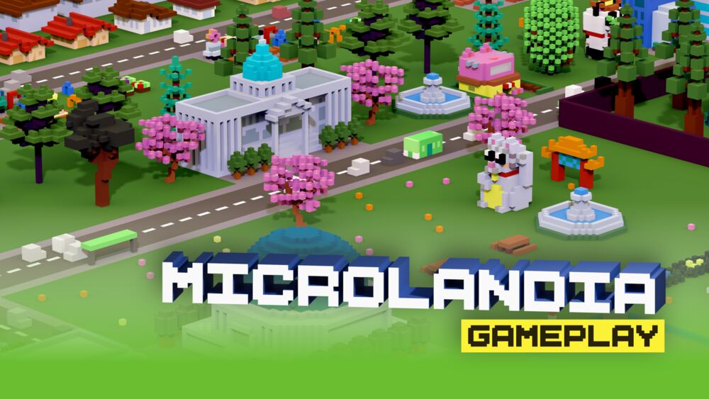Gameplay footage title card: a voxel civic center surrounded by parkland.