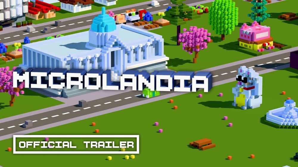 Trailer title card: the Microlandia logo over the voxel city hall.
